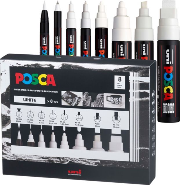 Posca Marker Set 8 Assorted Tips All White