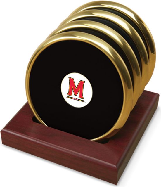 Maryland Terrapins CSI Set Of 4 Gold Round Coaster Gift Boxed With Colored Medallion