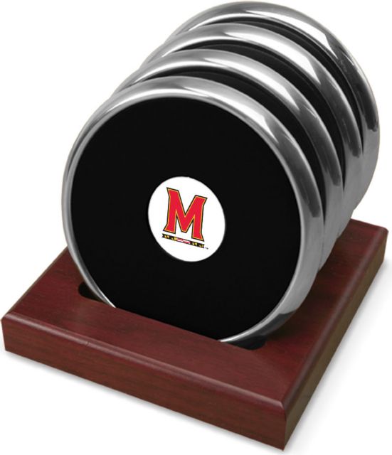 Maryland Terrapins CSI Set Of 4 Silver Round Coaster Gift Boxed With Colored Medallion