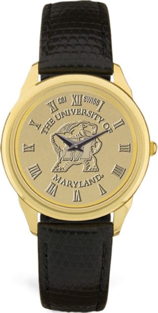 Maryland Terrapins Men's Gold Medallion Black Leather Wristwatch