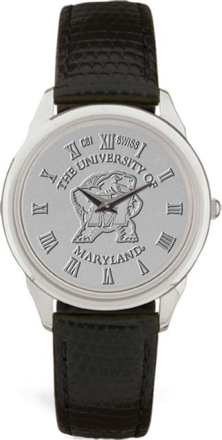 Maryland Terrapins Men's Silver Medallion Black Leather Wristwatch