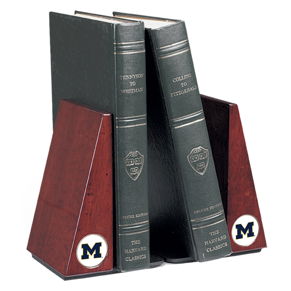 Michigan Wolverines CSI Rosewood Bookends Gift Boxed With Colored Medallion