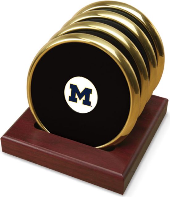 Michigan Wolverines CSI Set Of 4 Gold Round Coaster Gift Boxed With Colored Medallion