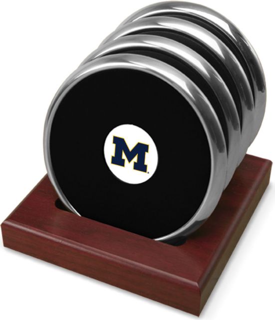 Michigan Wolverines CSI Set Of 4 Silver Round Coaster Gift Boxed With Colored Medallion