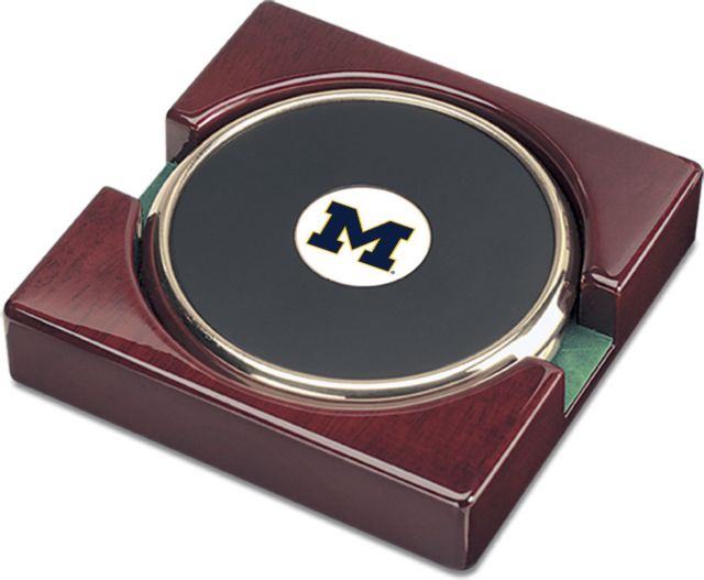 Michigan Wolverines CSI Set Of 2 Gold Round Coaster Gift Boxed With Colored Medallion