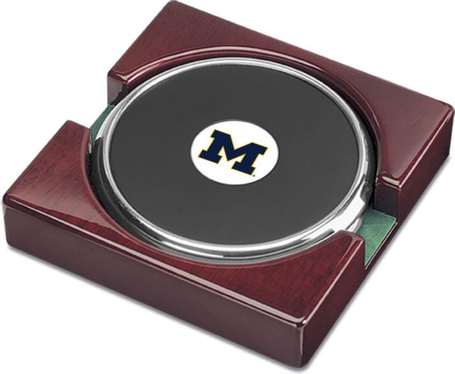 Michigan Wolverines CSI Set Of 2 Silver Round Coaster Gift Boxed With Colored Medallion
