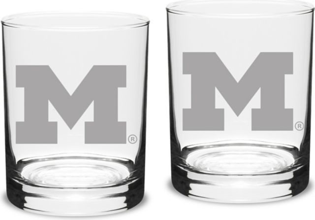 Michigan Wolverines Set Of 2 - 14 Oz Classic Double Old Fashion Glasses