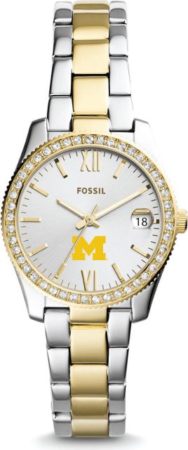 Michigan Wolverines Fossil Scarlette Mini Two Tone Stainless Steel Watch