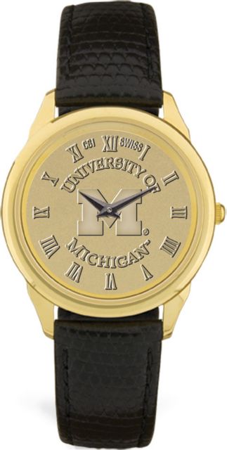 Michigan Wolverines Men's Gold Medallion Black Leather Wristwatch