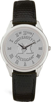 Michigan Wolverines Men's Silver Medallion Black Leather Wristwatch