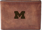 Michigan Wolverines Fossil Leather - Derrick Front Pocket Bifold - Brown