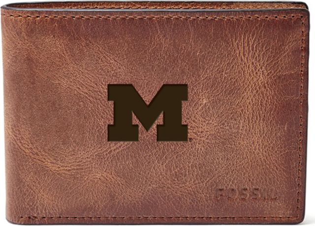 Michigan Wolverines Fossil Leather - Derrick Front Pocket Bifold - Brown