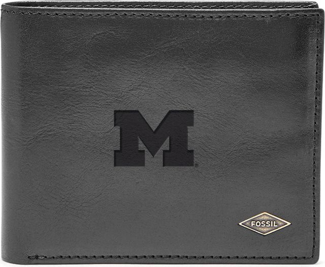 Michigan Wolverines Fossil Leather - Ryan Rfid Flip Id Bifold - Black