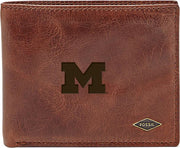 Michigan Wolverines Fossil Leather - Ryan Rfid Flip Id Bifold - Dark Brown