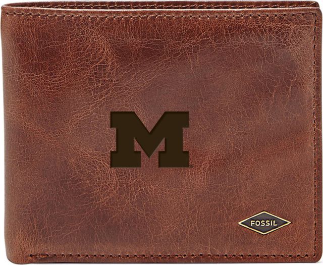 Michigan Wolverines Fossil Leather - Ryan Rfid Flip Id Bifold - Dark Brown