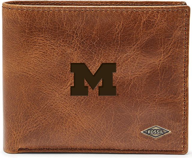 Michigan Wolverines Fossil Leather - Ryan Rfid Passcase - Dark Brown
