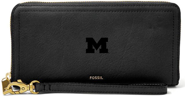 Michigan Wolverines Fossil Leather - Logan Rfid Zip Around Clutch - Black