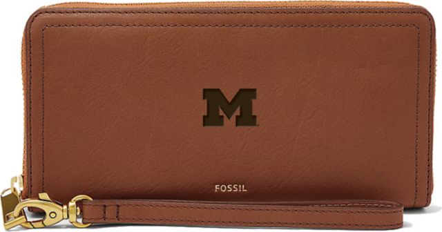 Michigan Wolverines Fossil Leather - Logan Rfid Zip Around Clutch - Brown