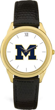 Michigan Wolverines CSI Men's Black Leather Wristwatch (Gift Boxed) With Colored Medallion