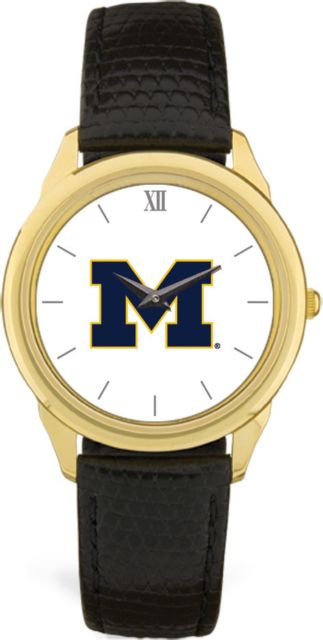 Michigan Wolverines CSI Men's Black Leather Wristwatch (Gift Boxed) With Colored Medallion