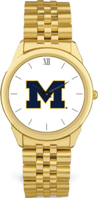 Michigan Wolverines CSI Men's Gold Rolled Link Wristwatch (Gift Box) With Colored Medallion