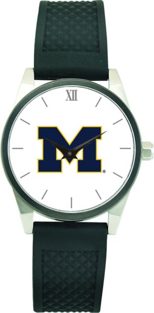 Michigan Wolverines CSI Men's Wristwatch (Gift Boxed) With Black Silicone Strap And Color Medallion.