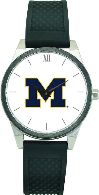 Michigan Wolverines CSI Women's Wristwatch (Gift Boxed) With Black Silicone Strap And Color Medallion.