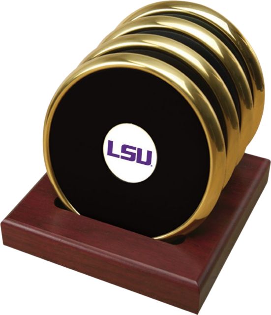 LSU Tigers CSI Set Of 4 Gold Round Coaster Gift Boxed With Colored Medallion