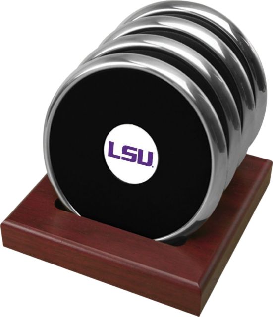 LSU Tigers CSI Set Of 4 Silver Round Coaster Gift Boxed With Colored Medallion