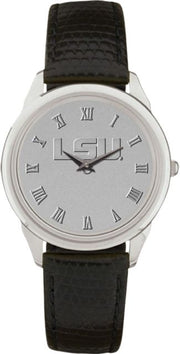 LSU Tigers Men's Silver Medallion Black Leather Wristwatch