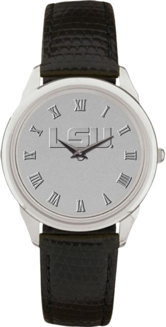 LSU Tigers Men's Silver Medallion Black Leather Wristwatch