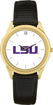LSU Tigers CSI Men's Black Leather Wristwatch (Gift Boxed) With Colored Medallion