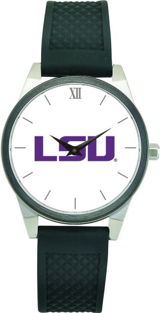 LSU Tigers CSI Women's Wristwatch (Gift Boxed) With Black Silicone Strap And Color Medallion.